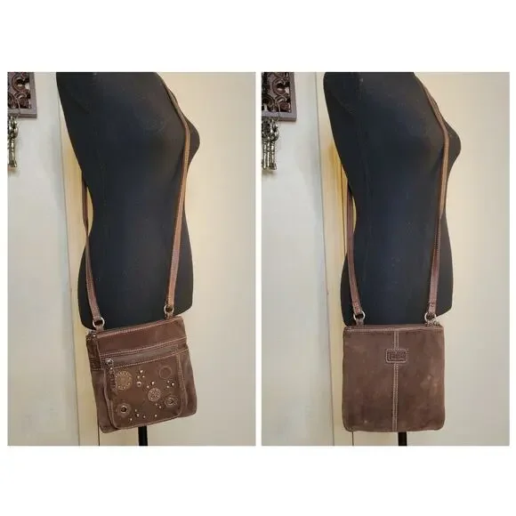 Fossil Brown Leather Suede Crossbody Bag Floral Stud Grommet Applique Full Zip - Picture 2 of 15